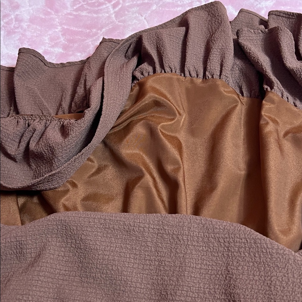 brown ruched layered ruffle mini dress - Picture 5 of 6